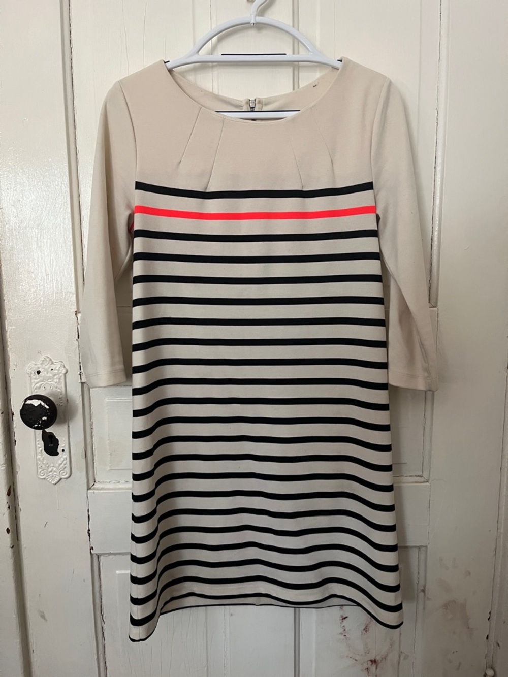 Striped Cream and Black Shift Dress with Coral Accent